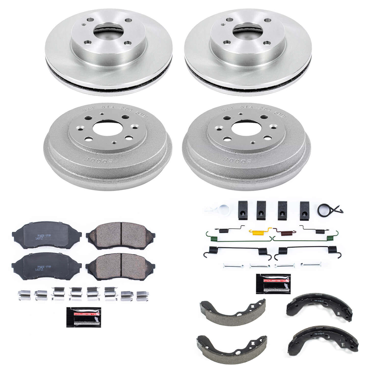 Power Stop KOE15443DK Autospecialty 1-Click Daily Driver Front And Rear Brake Kit With Drum And Brake Shoes for 1999-2000 Mazda Protege DX, LX Rear Drum product image