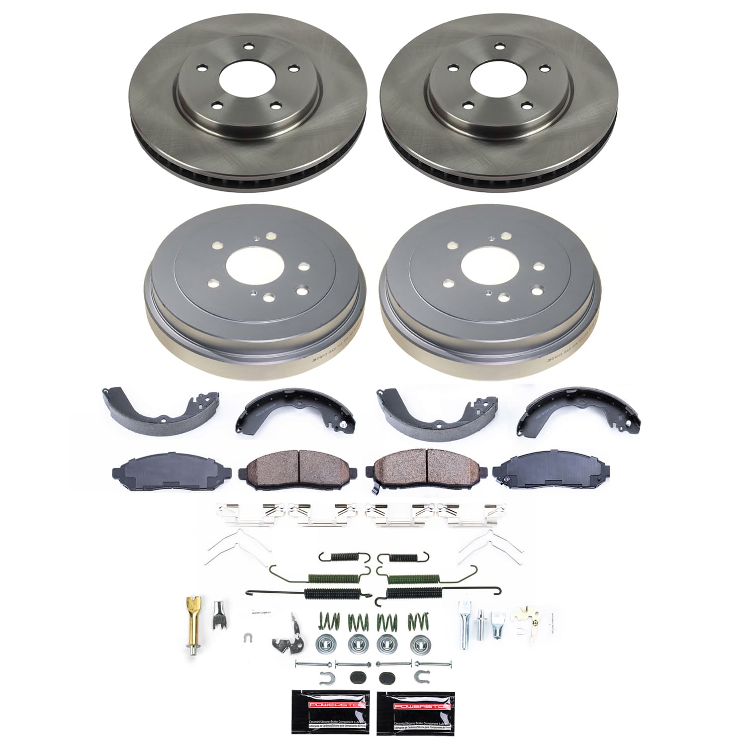 Power Stop KOE15496DK - Front And Rear Autospecialty 1-Click OE Replacement Pad And Rotor Kit With Drum And Brake Shoes vehicle fitment brake part