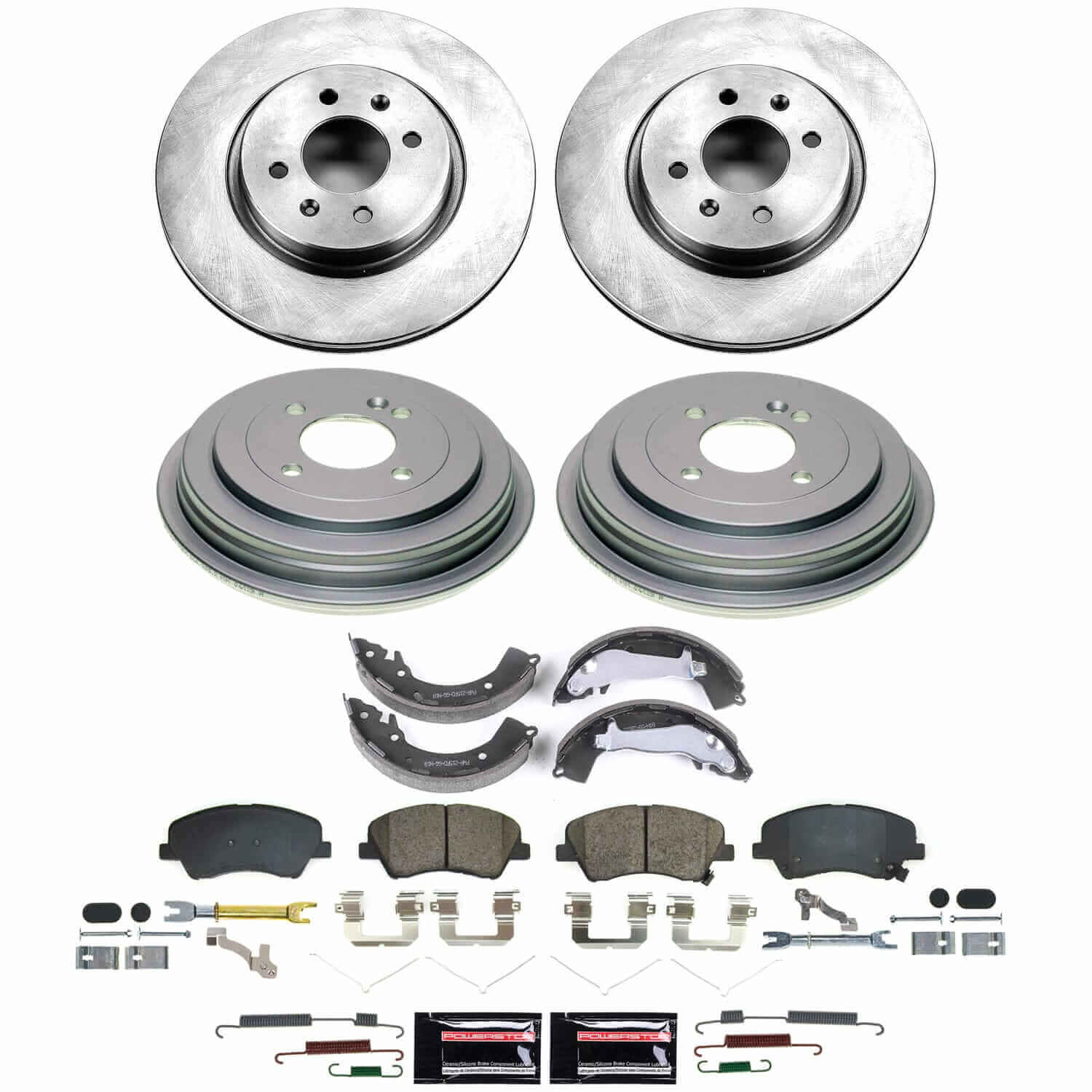 Power Stop KOE15502DK - Front And Rear Autospecialty 1-Click OE Replacement Pad And Rotor Kit With Drum And Brake Shoes vehicle fitment brake part