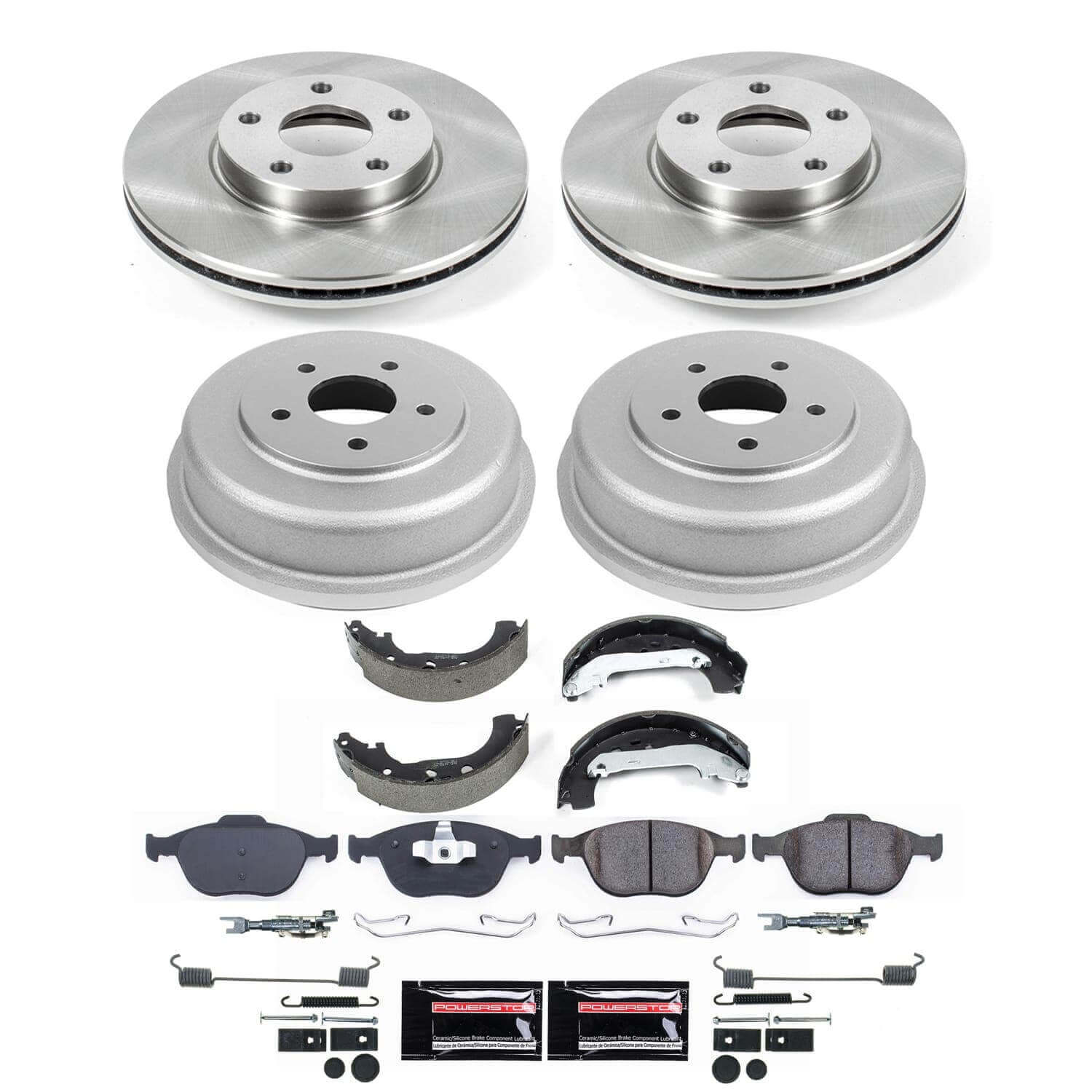 Power Stop KOE15525DK - Front And Rear Autospecialty 1-Click OE Replacement Pad And Rotor Kit With Drum And Brake Shoes vehicle fitment brake part